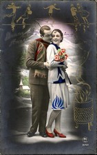 Winter Romance Couple Art Deco Tinted Paris c1910s Real Photo Vintage Postcard picture
