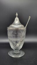 Vintage Etched Glass Federal Sugar Urn w/ Sterling Silver Lid & Spoon, 6 5/8