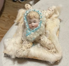 Antique German Spun Cotton Snow Baby Ornament Bisque Head Vintage Christmas picture