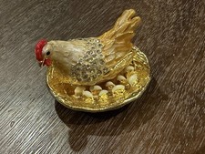 Hen on Nest Bejeweled Chicken Eggs Trinket Box Rhinestone Enamel Farmhouse LN picture