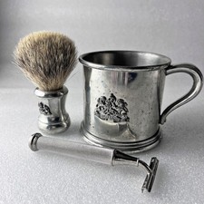 RARE 1993 Ralph Lauren Safari Shaving Set Pewter Cup Brush Chrome Razor 3pc VTG picture