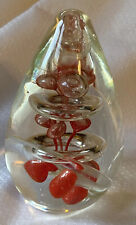 Vintage Glass Pear Shaped Paperweight With Red Accent and Ring Bubbles 4.75” picture