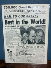 VINTAGE NEWSPAPER HEADLINE ~ MILWAUKEE BRAVES BASEBALL WORLD SERIES CHAMPS 1957 picture