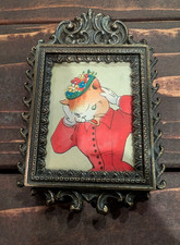 Vintage SMR Italy Ornate Metal Picture Frame Cat Lady Art Miniature Wall Decor picture