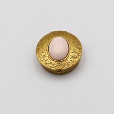 Vintage 1960s Gold Tone Floral Embossed Pill Trinket Box Pink Cabochon 1.75