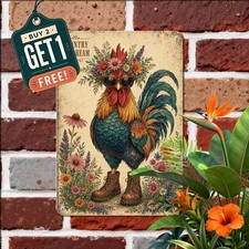 Rooster Flower Crown Sunglasses Art Tin Sign Retro Farmhouse Kitchen Decor picture
