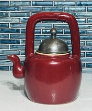 RARE Vintage Artland Stoneware Ceramic Water Tea Kettle Pot Red with Metal Lid picture