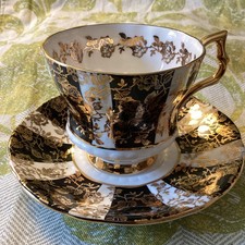 Royal Windsor Black and Gold Floral Tea Cup and Saucer England picture