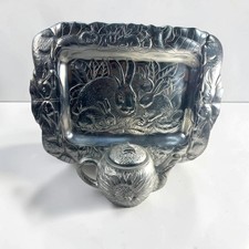 Vintage Cast Aluminum Teapot & Ornate Repousse Serving Tray Set Mid-Century picture