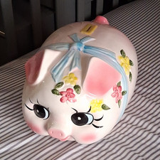 Ceramic Piggy Bank Pig w/ Blue Bow, Floral Design, Coin Slot picture