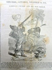 1841 newspaper w early illustr ROBINSON CRUSOE & his man FRIDAY by DANIEL DEFOE picture