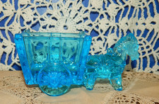 Vintage Kemple Glass Aqua Blue Pressed Glass Donkey & Cart Ashtray, Trinket Dish picture