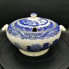 Rare 50's Blue Willow Soup Tureen w/ Gold Trim Victoria Porcelain Fenton England picture