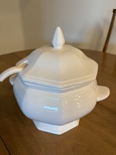 Vtg Soup Tureen w/ Ladle Stew Chowder Chili White Octagonal Large 3qt capacity picture