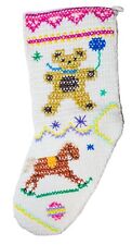 VTG HAND KNITTED CHRISTMAS STOCKING CLASSIC WIDE TRADITIONAL STYLE TEDDY BEAR picture