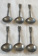 vintage set 6 ornate pewter spoons wedding boy girl face detailed German Dutch picture