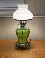 Vintage L.G. Wright Glass Green Embossed Roses Lamp w/Hobnail Milk Glass Shade picture