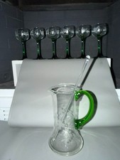 Vintage MCM Frosted Grape Etched Cocktail Set Pitcher with Emerald Green Handle picture