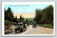 Old Cars on the County Road Dead Man's Curve Negaunee Rd Marquette MI Postcard picture