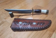 J. BEHRING LARGE CUSTOM SCAGEL TYPE KNIFE, STAG HNDL W LEATHER SHEATH  picture