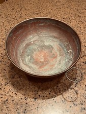 Vintage Copper Mixing Bowl With Rolled Edge 9” x 4” Patina D Ring Round Bottom picture