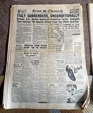 NEWS CHRONICLE Thurs 9 September 1943 Italy surrenders WW2 world war 2 newspaper picture