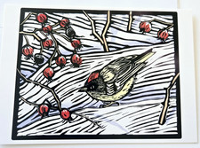 Christmas Card Molly Hashimoto Bird Ruby Crowned Kinglet and Wild Rosehips picture