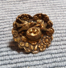 Vintage Antique Metal Picture Button HEART SHAPE NESTING LOVE BIRDS picture