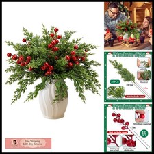45 Pcs Christmas Artificial Pine Branches Red Berry Stems Faux Sprigs picture