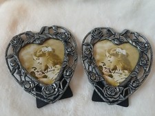 2 Silver Metal Photo Frames Heart Ornate Design 2”x3” VALENTINE’S Roses Vtg. picture