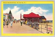 Sea Isle City NJ Postcard General Boardwalk Scene New Jersey 1953 Linen Posted picture