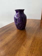 Hand Painted Glass Vase In Purple Black and Gold. Abstract Design 7.5 Inches picture