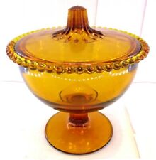Candy Compote Dish with Lid Vintage Glass Amber Beaded Edge Pedestal picture