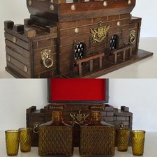 VTG 70s S Sper Bijou MEDIEVAL Liquor Wood Castle Brown Glass Decanters Bar Set picture