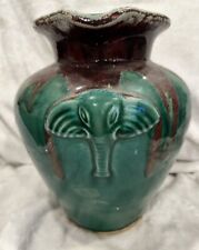 Rustic Art Ceramic Pitcher With Elephant Motif. Crackled Unsigned picture