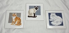 Vtg Gonder Art Ceramic Cat Tile Set MCM Siamese Yellow Tabby White Kitten picture