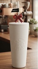 Starbucks 2025 Holiday Winter White Cold Cup Tumbler with Red Bow Topper 24oz  picture