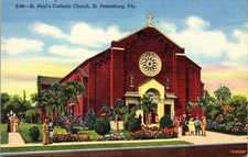 St Pauls Catholic Church St Petersburg FL Florida Sunset Linen Postcard VTG UNP picture