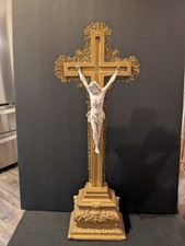 Antique French Altar Cross Crucifix, Metal,Wood, Porcelain 21