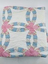 Vintage Double Wedding Ring Quilt hand stitched pastel pink Blue Cutter 40s FLAW picture
