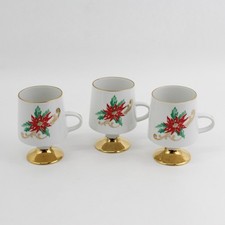 Set of 3 Viletta's Arts Poinsettia Porcelain Coffee Cups White Gold Trim & Foot picture