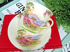 AYNSLEY tea cup and saucer yellow PINK meadow lane teacup England 1930s picture