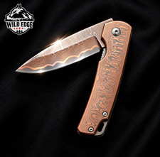 Handmade Copper Damascus Folding Pocket Knife EDC with Wooden Gift Box Collector picture