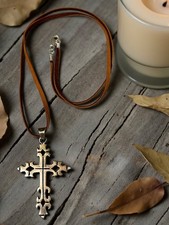 VTG Mexico 925 Sterling Silver Cross Gothic Necklace 2.75” 13.2g Leather Cord 26 picture