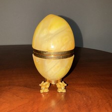 Vintage Yellow Onyx Alabaster Egg Trinket Box Gold Tone Footed Hinged Jewelry picture