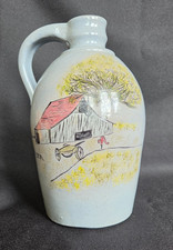 Vintage Glazed Stoneware Jug with Hand Painted Rural Scene, Lt. Blue, 1992 picture