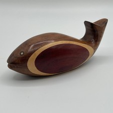 Vintage Hand Carved Inlay Wood Whale Figurine MCM Stylized Sculpture 5.5 Inch picture