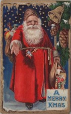 Long Red Robe Santa Claus~ Toys~Pine Cones~Stars~Antique~Christmas Postcard~s926 picture