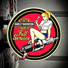 Harley-Davidson Full Service Motor Cycles Pin-Up Spark Plug Round Sign picture
