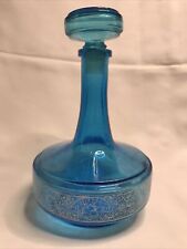 Blue Glass Decanter White Filigree Vintage Made in Belgium picture